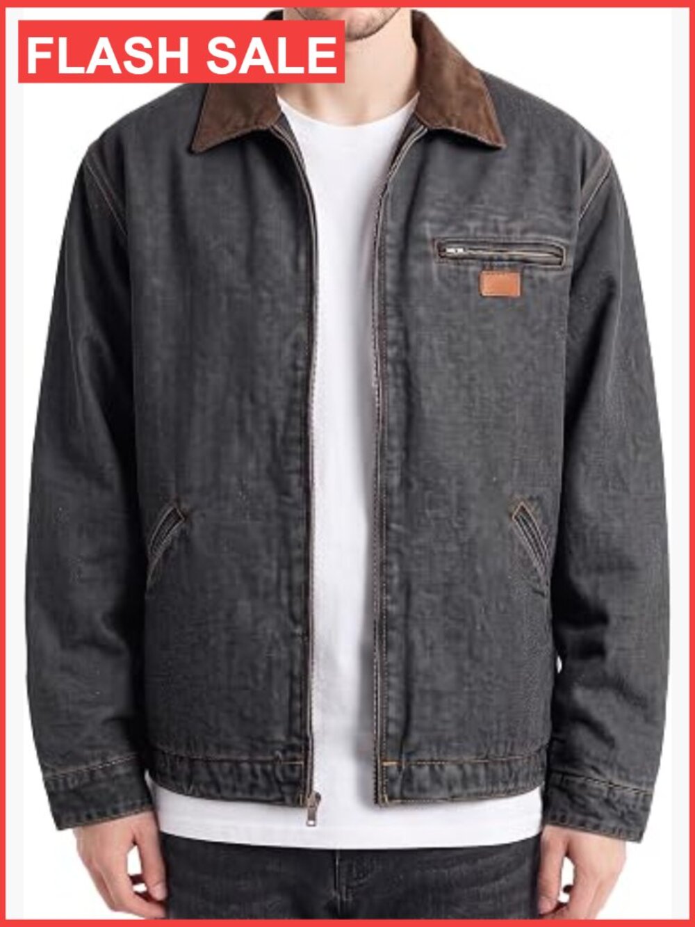 Men's Denim Jacket Corduroy Collar Zip Front Heavyweight Workwear